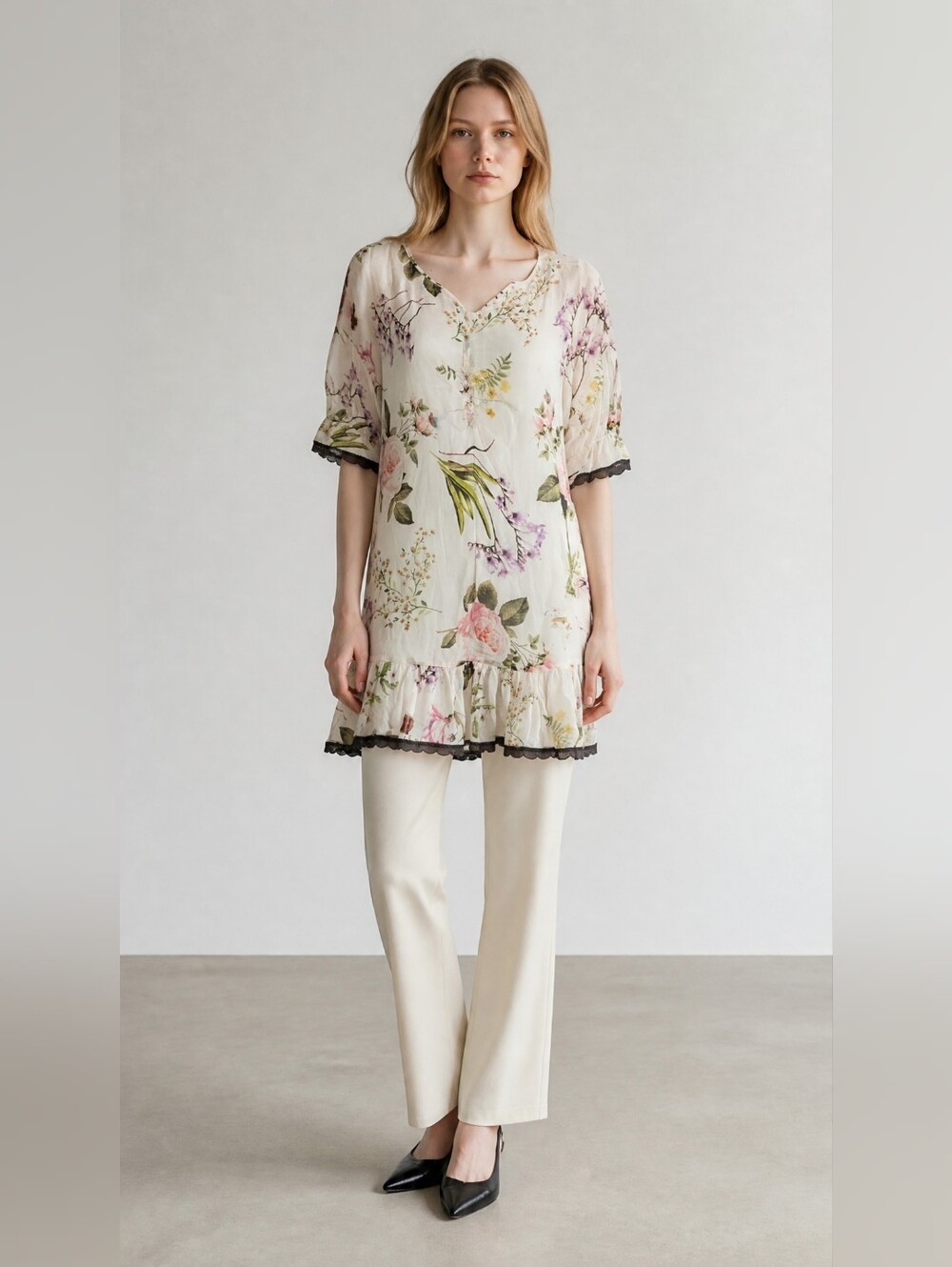 TWINSET Simona Barbieri Sheer Floral Blouse Lace Trim IT42 US 6 Small Oversized